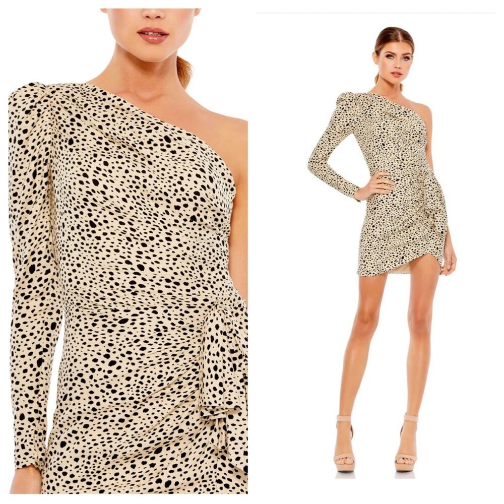 NWT IEENA for MAC DUGGAL 26507 Animal Print One Shoulder Draped Mini Dress